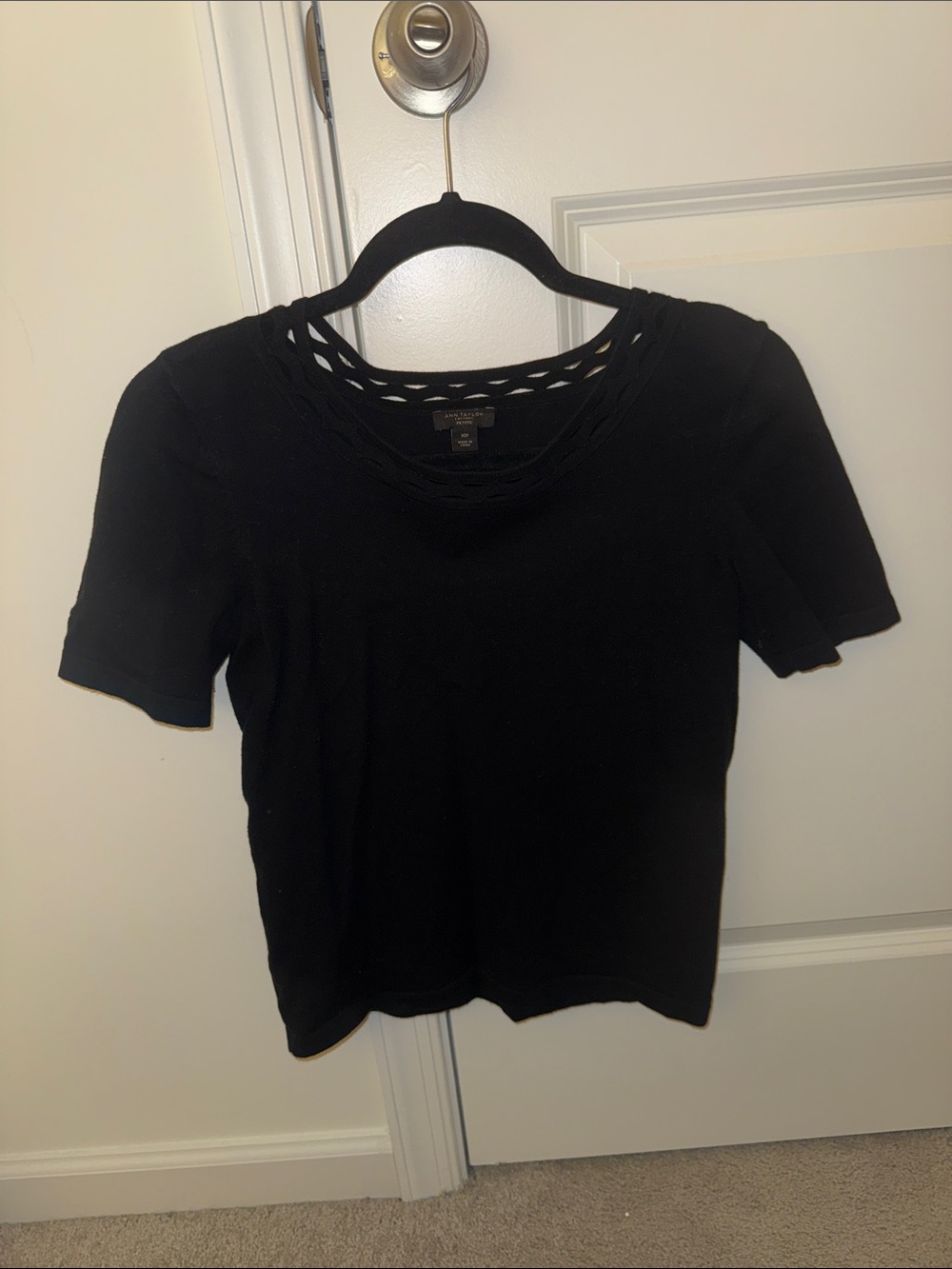 Ann Taylor Factory Black Short Sleeve Knit Top with Cutout Neckline
